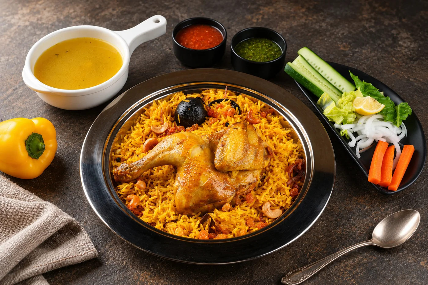 Chicken kabsa with fragrant rice and accompaniments