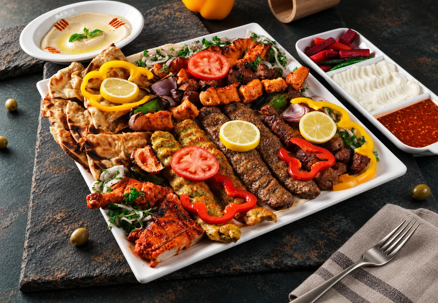 A generous mixed grill platter with accompaniments